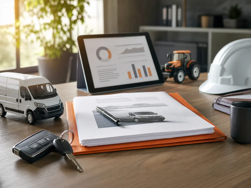 Dossier de devis leasing avec clés, casque de chantier et tablette